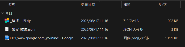 みなとらえ製品版で保存されたZIP、JSON、PNGの一覧